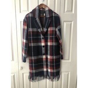 TAHINI Buffalo Plaid Red/White/Blue Wool Blend  Fringed Oversized Overcoat EUC